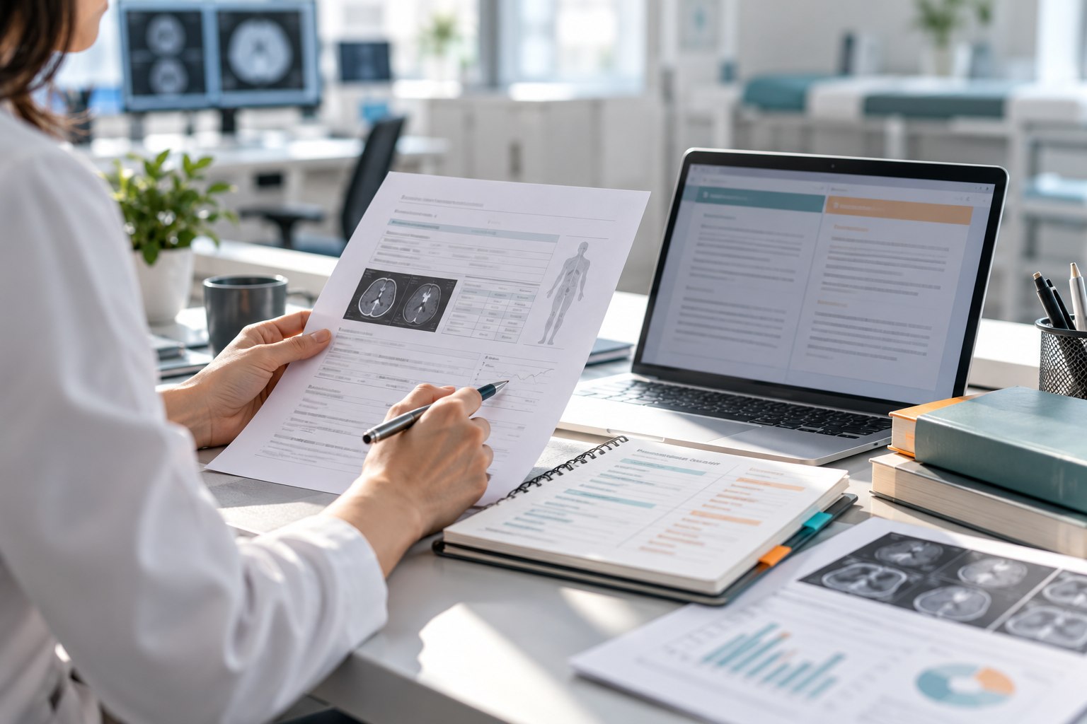 Professional translator reviewing anonymised medical reports and clinical records for Turkish English medical document translation